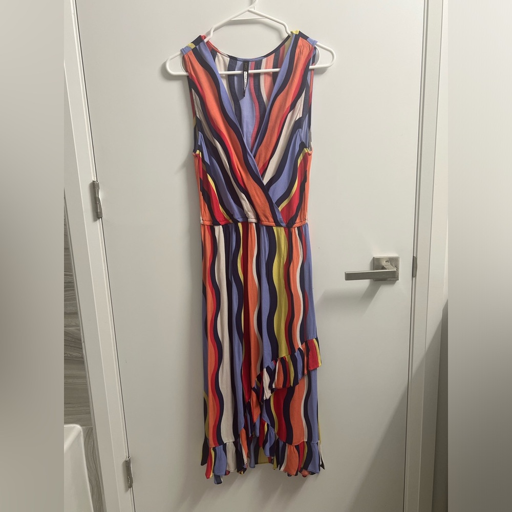Anthropologie Colourful Midi Dress with Stripes and Ruffles